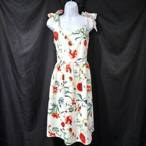 Floral Tie Shoulder Midi Dress Size L White Red Cottage Picnic Garden Tea Party